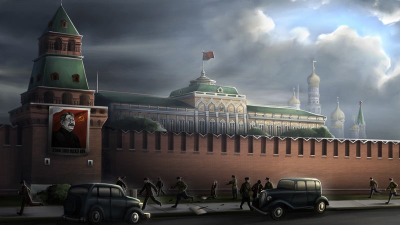 Moscow's Kremlin wall under heavy cloud, a portrait of Stalin mounted on the brickwork, and figures hurrying along the street below.