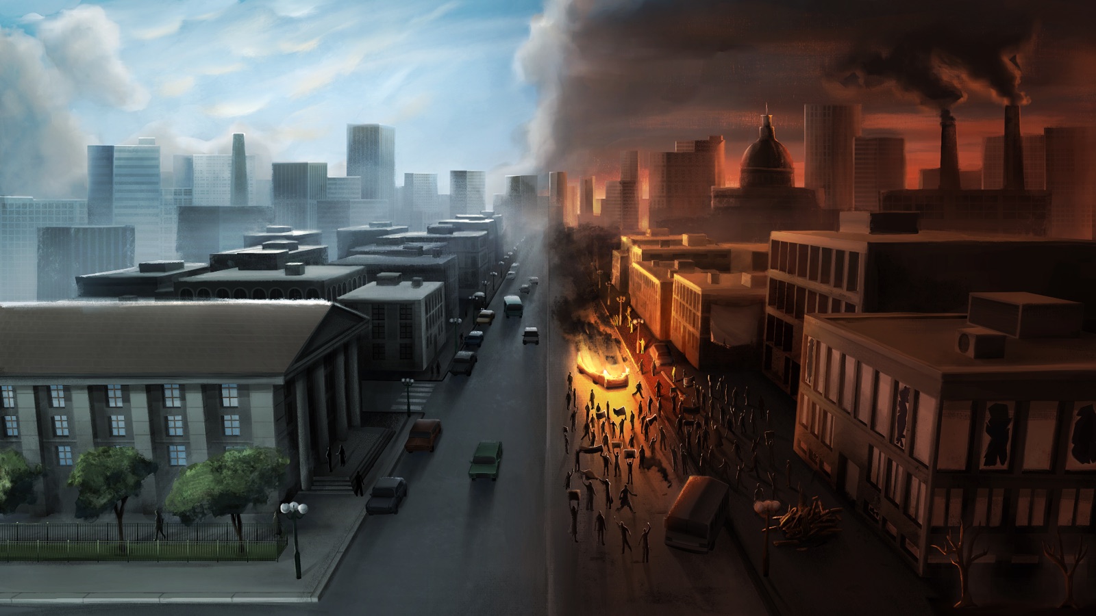 A city street split down the middle: orderly civic buildings and traffic on one side, a burning barricade and a crowd of protesters on the other.